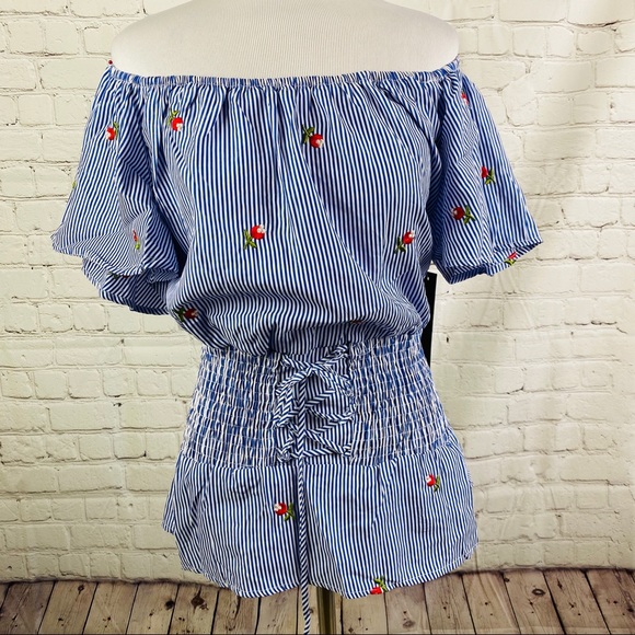 NEW Blue White Stripe Embroidered Peasant Blouse - Picture 6 of 15